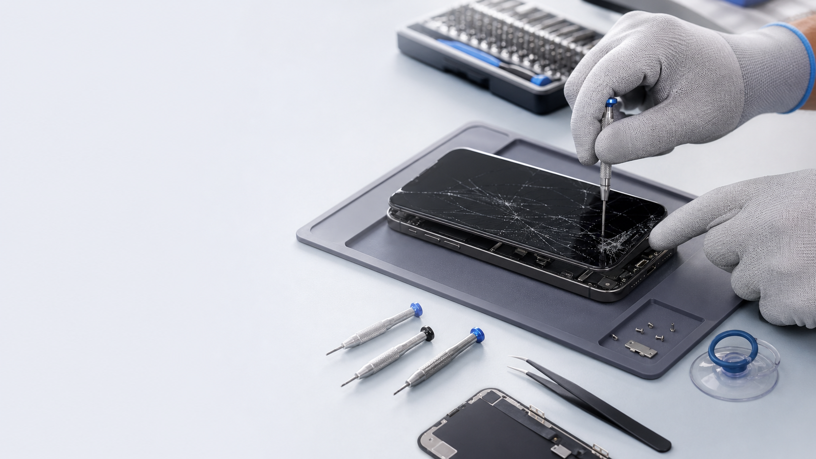 Technician repairing a cracked iPhone screen at a clean professional workstation