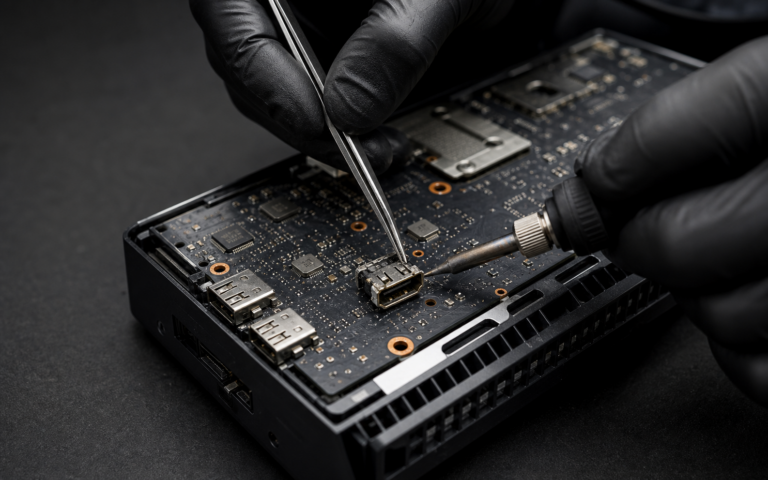 Console motherboard being inspected by a repair technician