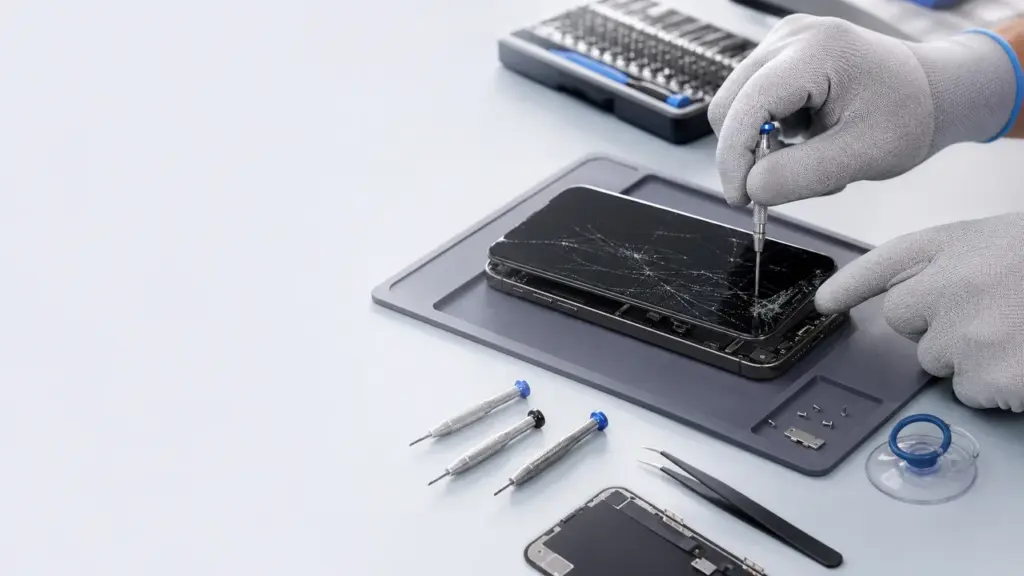 Technician performing iPhone screen repair in Dothan AL on a cracked display