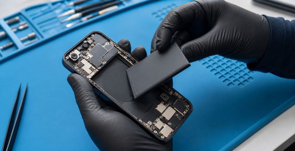 Technician installing a phone battery at Selectel Wireless Wetumpka