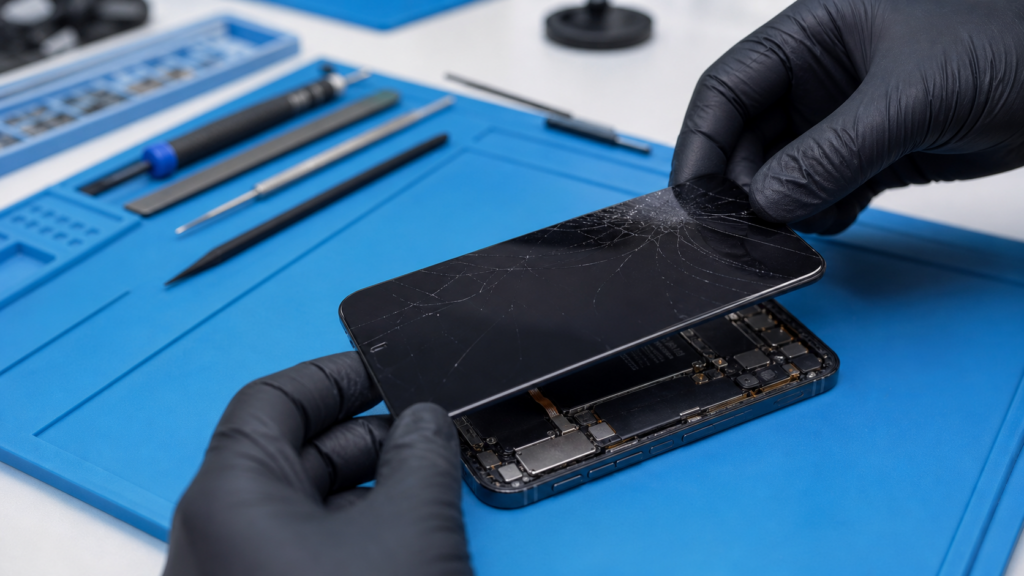 Technician replacing a cracked phone screen at Selectel Wireless Wetumpka