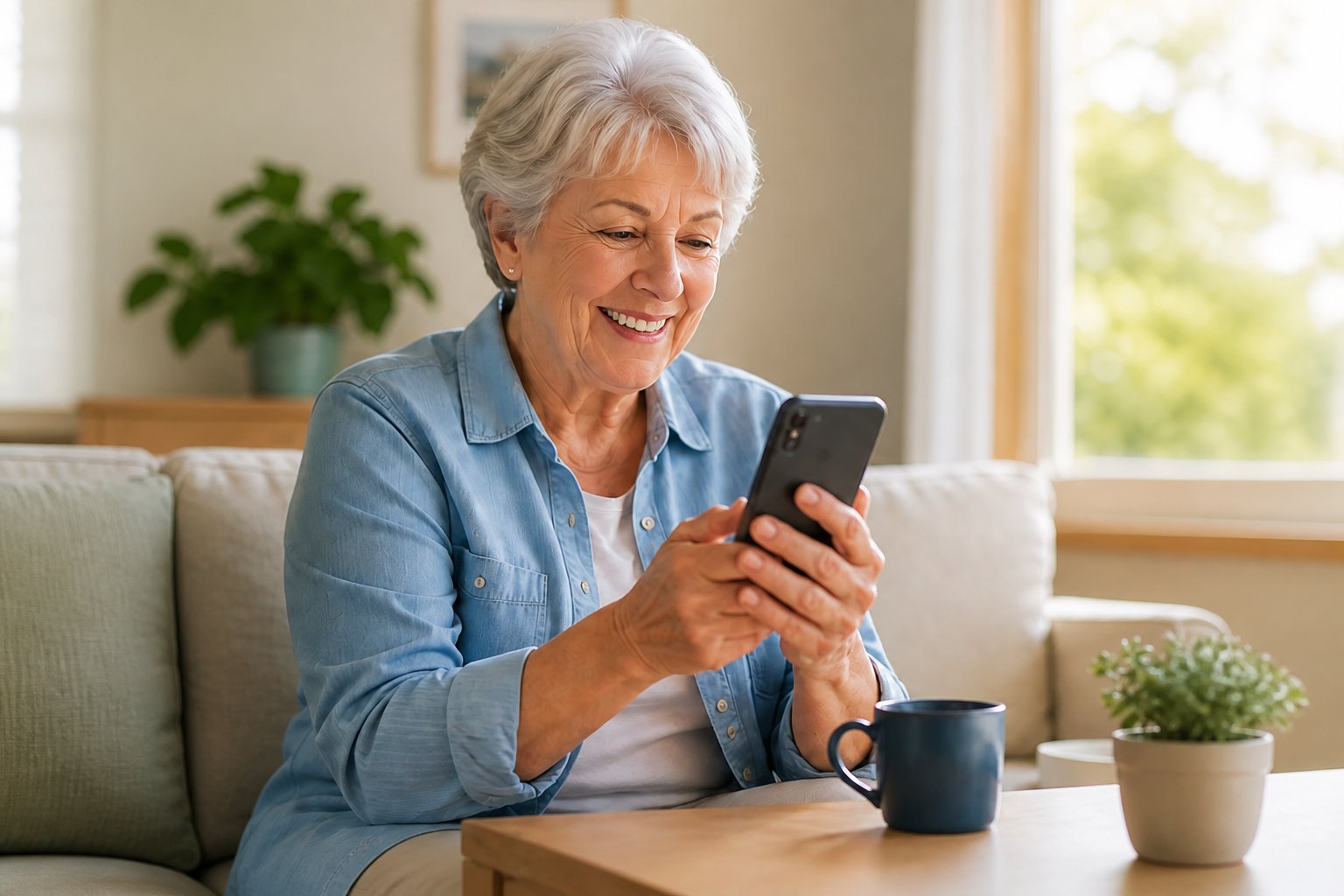 Older adult smiling while using a smartphone at home