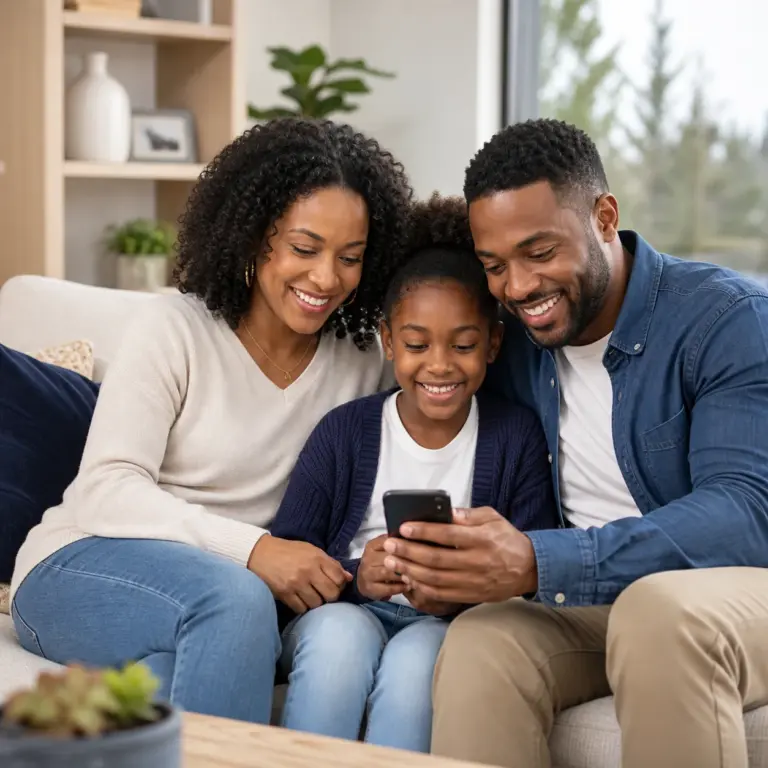 Family sharing a smartphone together at home
