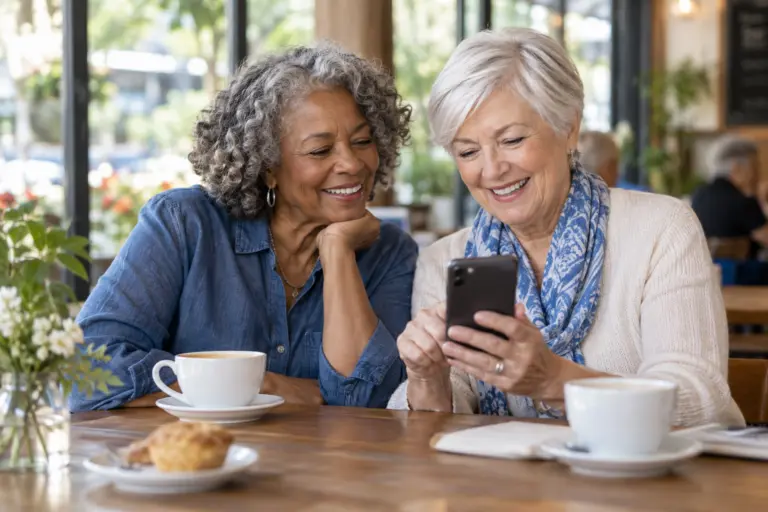 Two older friends smiling while looking at a smartphone together