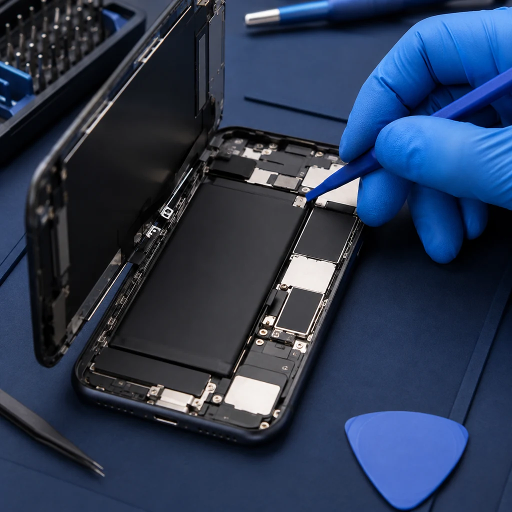 Illustrative close-up of a technician working on an opened iPhone with the battery exposed