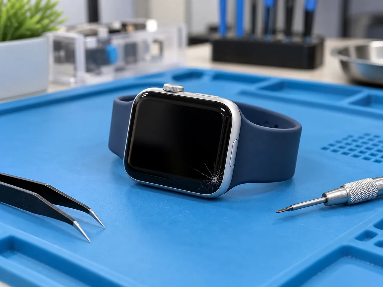 Apple Watch with a cracked screen on a professional repair mat