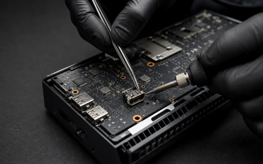 Technician repairing an HDMI port on a game console motherboard