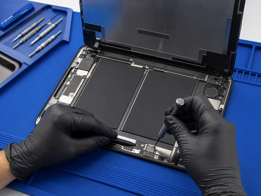 Technician performing an iPad repair at a professional workstation