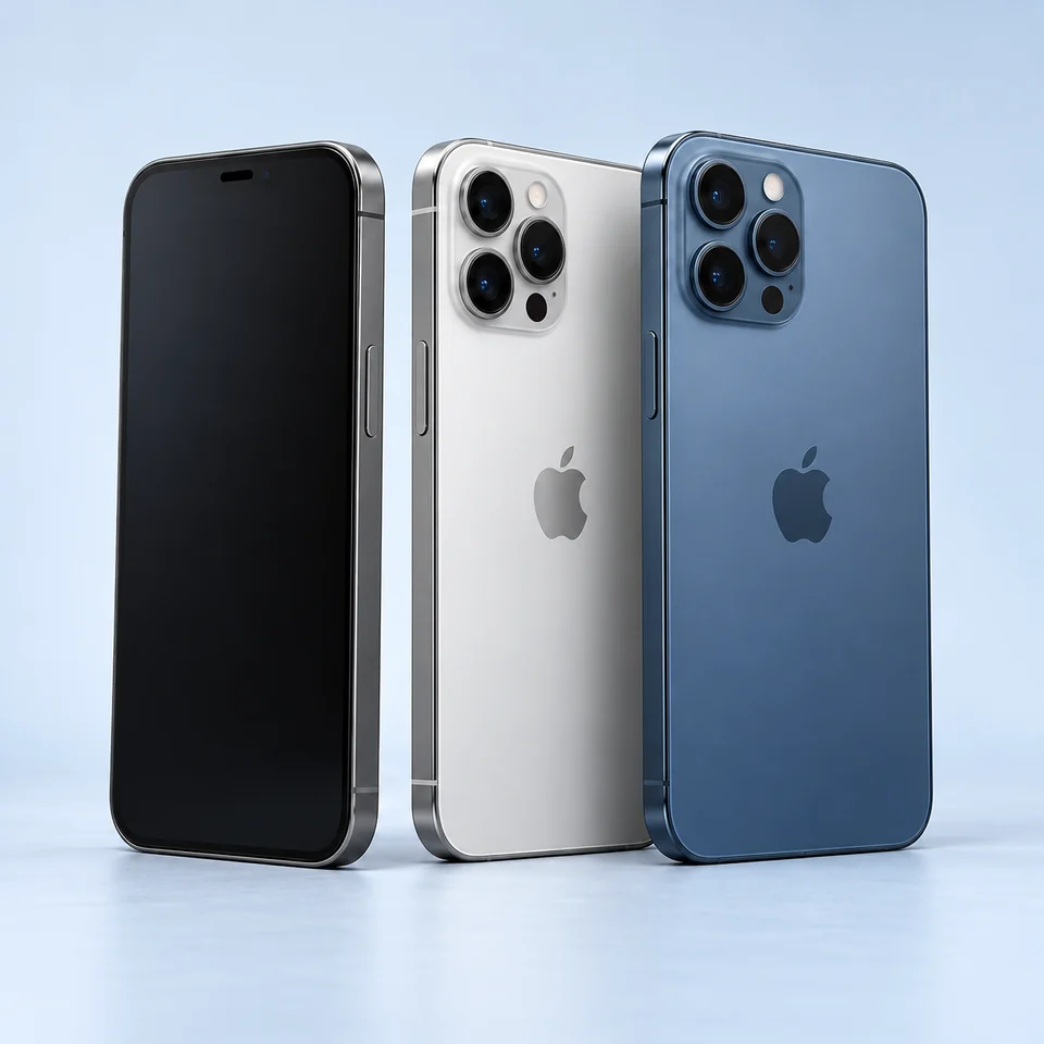 Three iPhones in graphite, silver, and blue