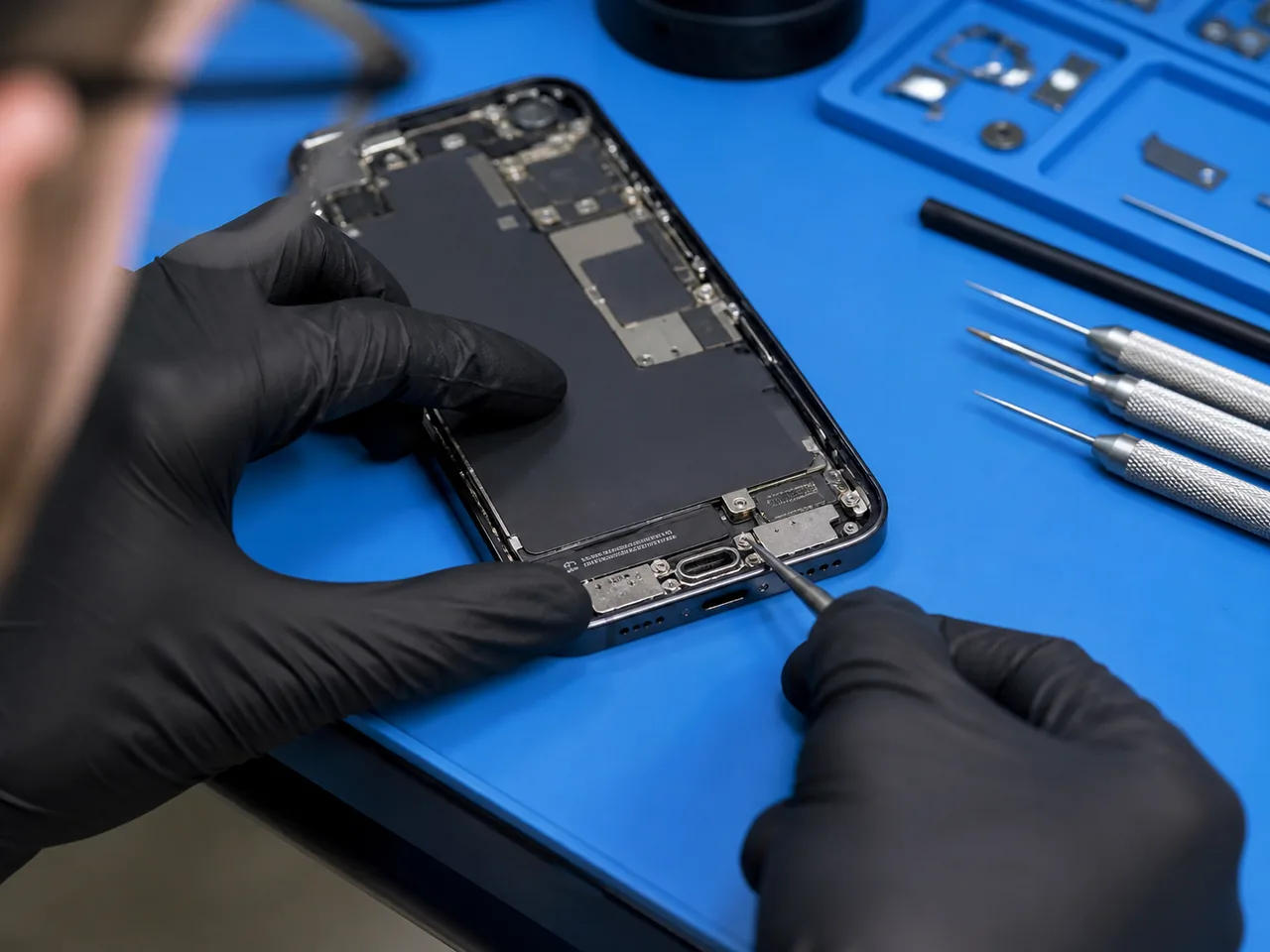 Technician servicing an iPhone charging port at a clean professional workstation