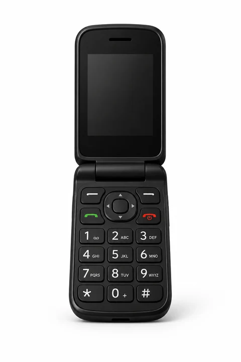 Illustrative basic flip phone with a physical keypad