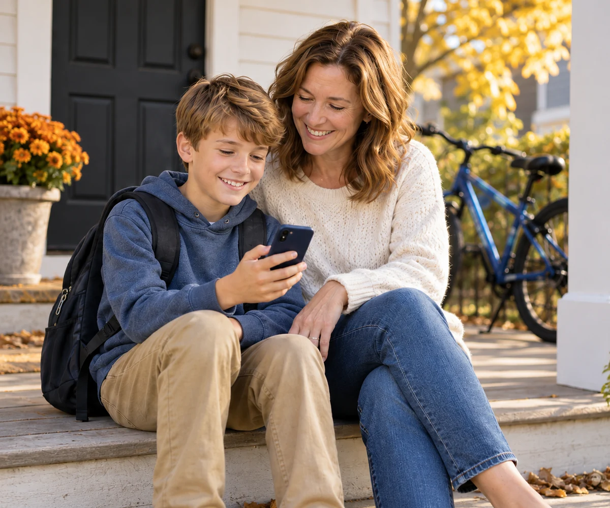 A parent and child sharing a moment with a first phone on their front porch