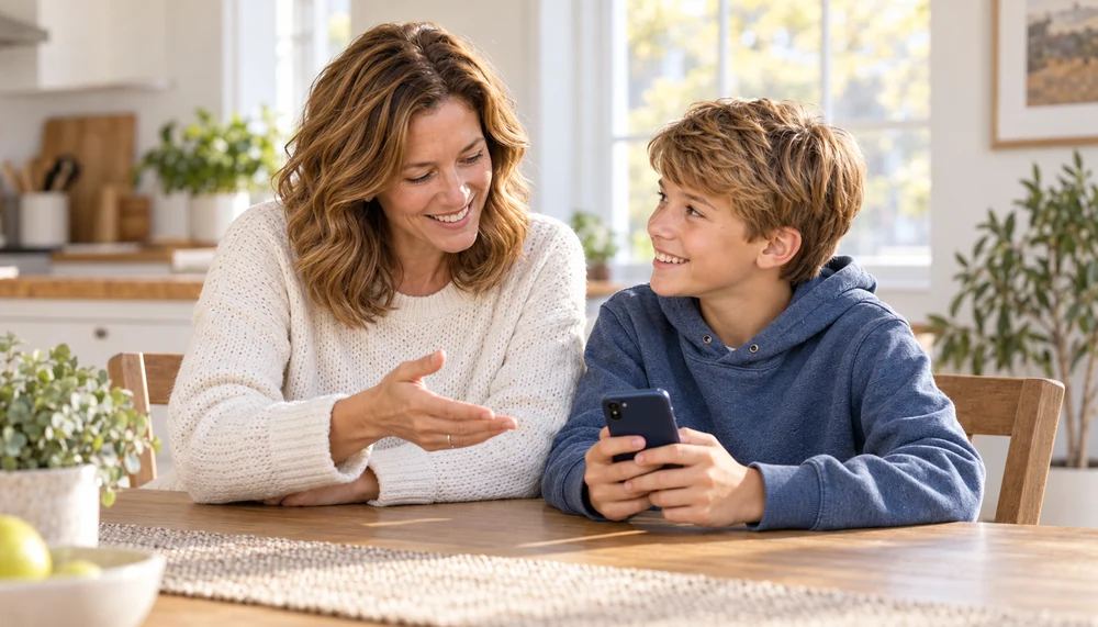 A mother and son discussing his first phone at their kitchen table