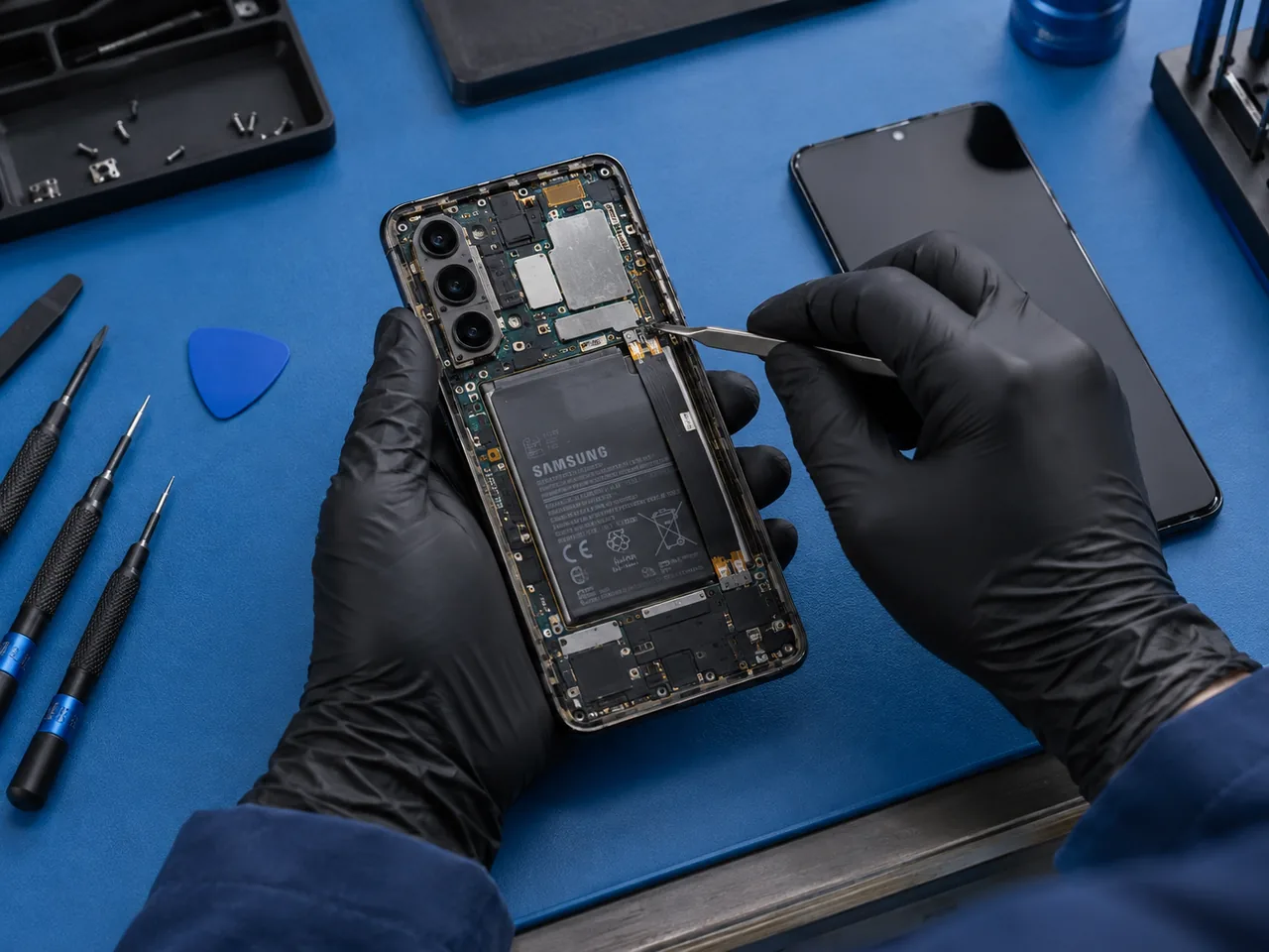 Technician servicing a Samsung Galaxy phone on a blue repair mat