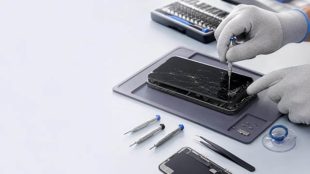 Technician performing iPhone screen repair in Aberdeen WA on a cracked display