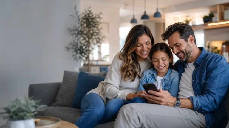 Family looking at a phone together at home