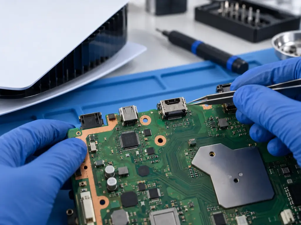 Technician inspecting a console motherboard HDMI connector