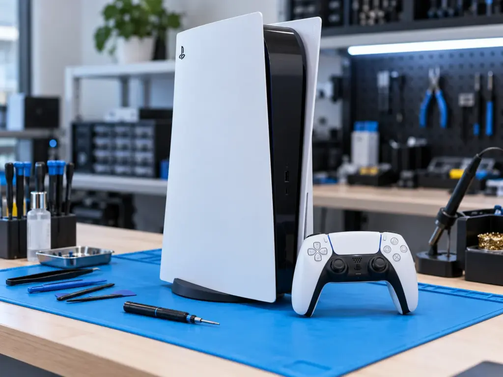 Sony PlayStation 5 console and DualSense controller at a repair workstation