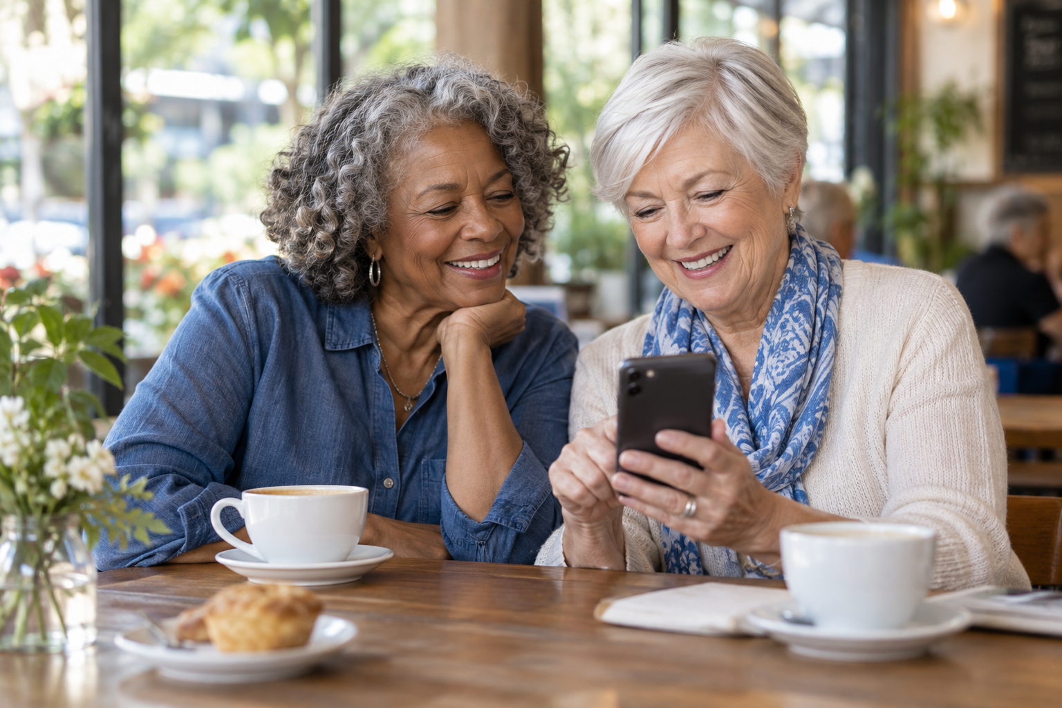 Two older friends smiling while looking at a smartphone together