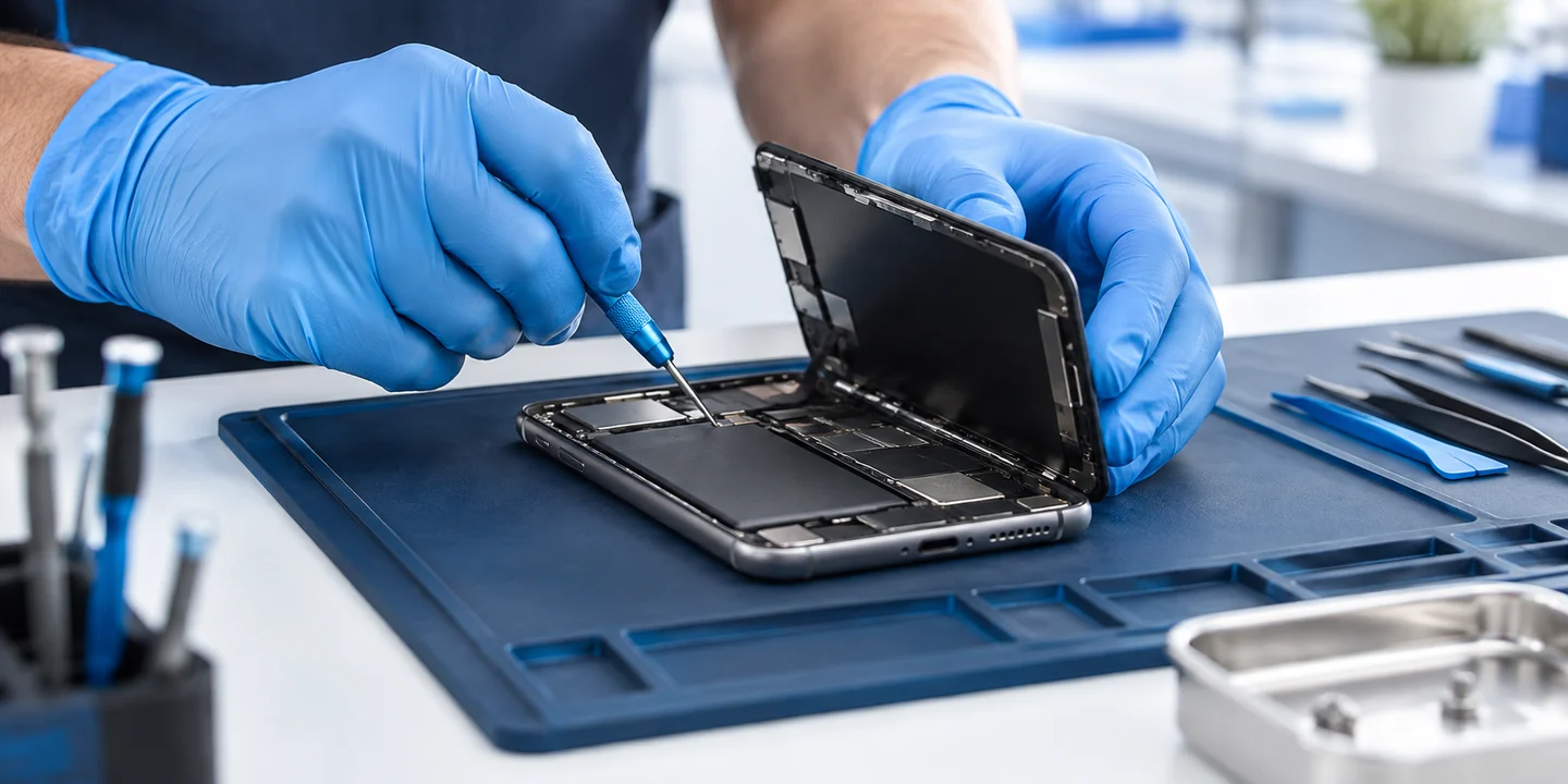 Technician carefully repairing an open smartphone on a blue work mat