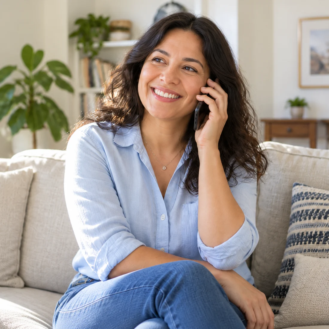 Woman enjoying a phone conversation at home