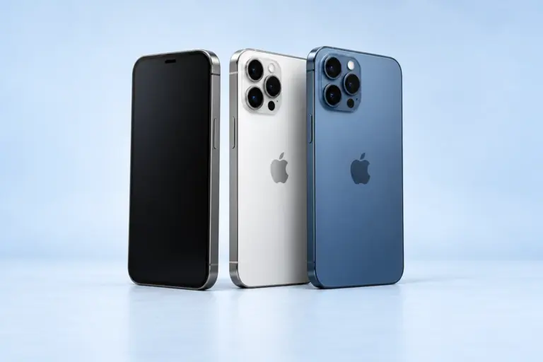 Graphite, silver, and blue iPhones on a pale blue background