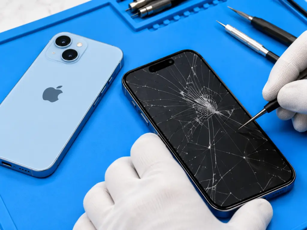 Illustration of a blue iPhone 15 and cracked screen being inspected at a repair workstation