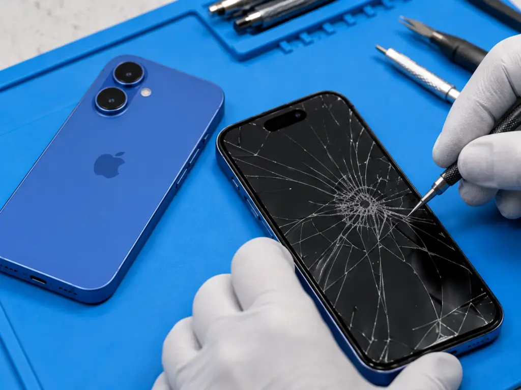 Illustration of a phone and cracked screen being inspected at a repair workstation