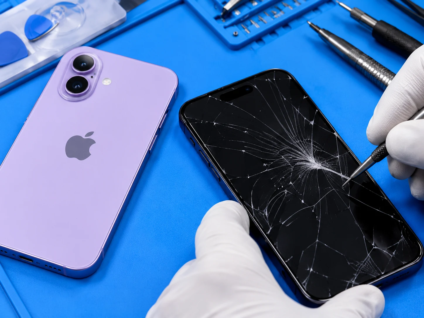 Purple iPhone 17 and cracked screen being inspected at a repair workstation
