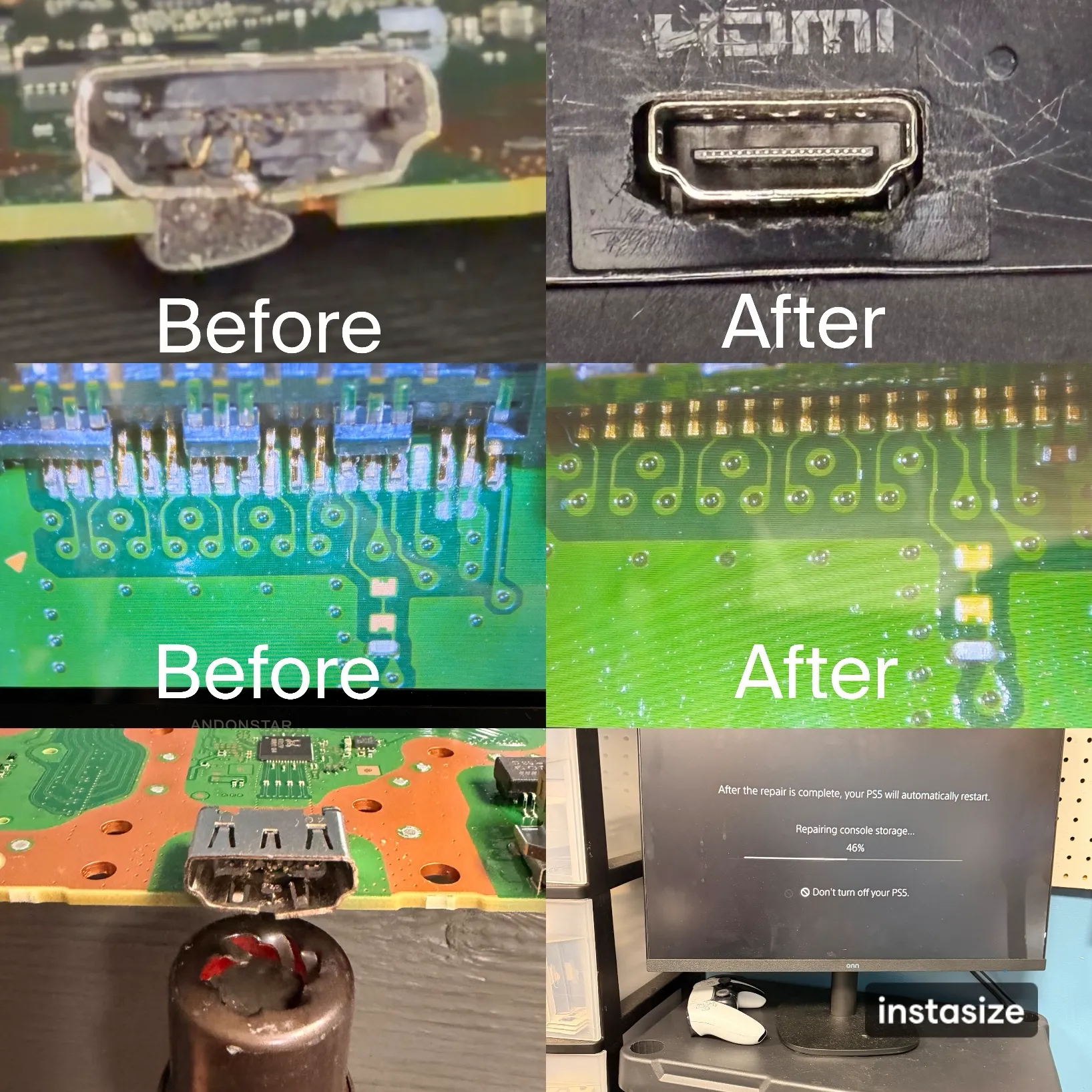 Before-and-after photos of a damaged and replaced console HDMI port from Selectel Wireless Troy University Avenue, Alabama